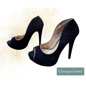 Classiques Entier "Sophie" Black Suede Peep Toe High Heels w Metallic trim